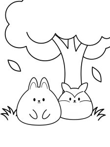 A Squishmallow bunny and fox sitting under a tree coloring page