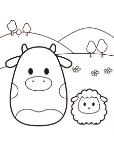 A Squishmallow cow and sheep in a meadow coloring page