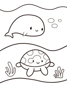 A Squishmallow dolphin and turtle swimming together coloring page
