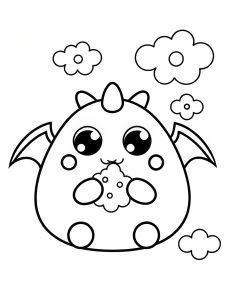A Squishmallow dragon blowing tiny puffs of smoke coloring page