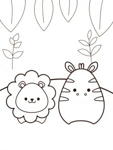 A Squishmallow lion and zebra in a jungle coloring page