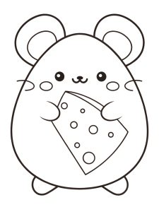 A Squishmallow mouse holding a piece of cheese coloring page