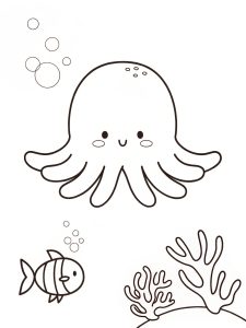 A Squishmallow octopus and fish playing in the ocean coloring page