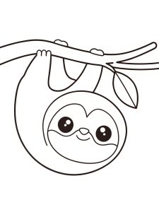 A Squishmallow sloth hanging from a branch coloring page