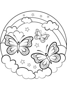 A butterfly mandala featuring a dreamy, celestial landscape coloring page