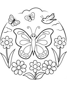 A butterfly mandala featuring a peaceful garden scene with birds and flowers coloring page