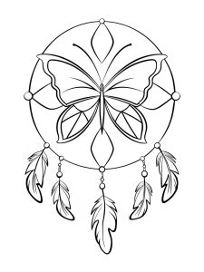 A butterfly mandala featuring dreamcatcher elements and feathers coloring page