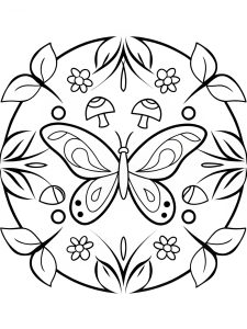 A butterfly mandala featuring enchanted mushrooms and woodland elements coloring page