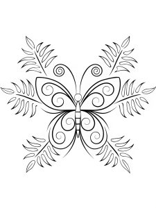 A butterfly mandala featuring spiraling fern leaves and tropical motifs coloring page