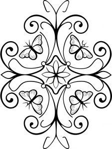 A butterfly mandala inspired by Baroque-style ornamental flourishes coloring page