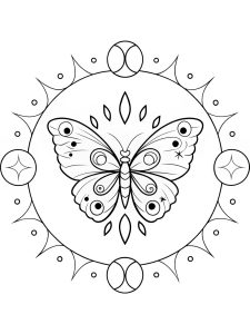 A butterfly mandala with a celestial eclipse and cosmic patterns coloring page