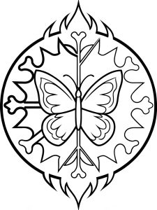 A butterfly mandala with a fire and ice theme in its patterns coloring page