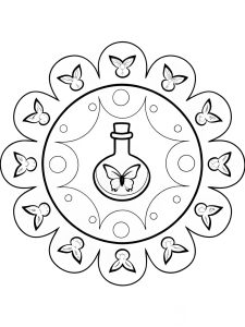 A butterfly mandala with a magical potion bottle at the center coloring page
