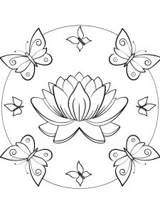 A butterfly mandala with a serene lotus flower at its center coloring page