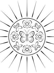 A butterfly mandala with a sunburst effect radiating from the center coloring page