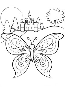 A butterfly mandala with an enchanted castle in the background coloring page