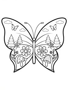 A butterfly mandala with an enchanted forest theme and fairy-tale vibes coloring page