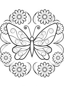 A butterfly mandala with blooming sunflowers and swirling petals coloring page