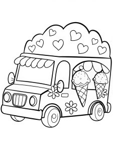 A colorful ice cream truck decorated with hearts and flowers coloring page