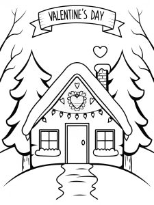 A cozy cabin in the woods decorated for Valentine’s Day coloring page