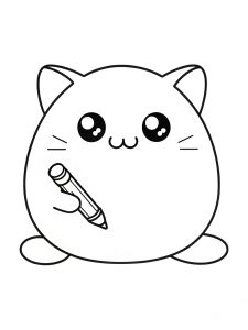 A cute Squishmallow cat sitting happily coloring page