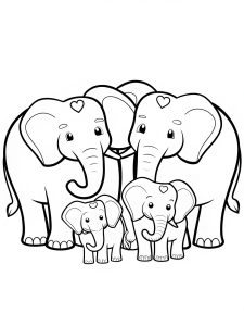 A family of elephants with hearts on their ears coloring page