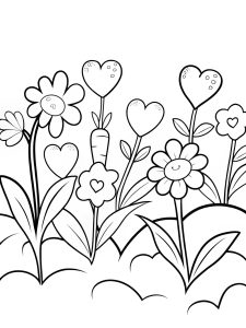 A garden full of heart-shaped vegetables and flowers coloring page