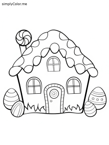 A gingerbread house with Easter eggs hidden as part of the candy decorations coloring page