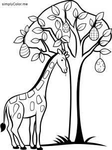 A giraffe stretching its neck to reach an Easter egg hidden in a tree with tiny leaves shaped like eggs coloring page