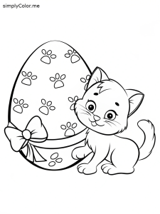 A kitten playing with an Easter egg that has tiny hidden paw prints coloring page