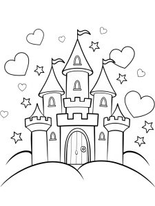 A magical castle surrounded by floating hearts and stars coloring page