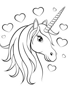 A magical unicorn surrounded by floating hearts coloring page