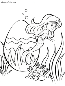 A mermaid discovering an Easter egg underwater with tiny shells hidden in the design coloring page