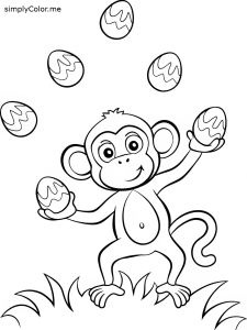 A monkey juggling Easter eggs, each with a hidden banana shape inside coloring page