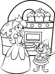 A princess baking a giant cake with a mischievous elf coloring page A princess baking a giant cake with a mischievous elf coloring page