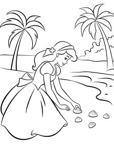 A princess collecting seashells on a tropical beach coloring page A princess collecting seashells on a tropical beach coloring page