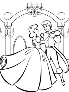 A princess dancing with a charming prince in a grand ballroom coloring page