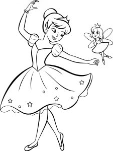 A princess dancing with a tiny fairy on her fingertip coloring page