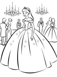 A princess dressed in a shimmering gown at a royal ball coloring page