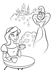 A princess drinking tea with a magical genie coloring page