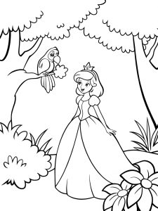 A princess exploring a deep jungle with a talking parrot coloring page