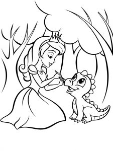 A princess feeding a baby dragon with a silver spoon coloring page