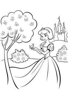 A princess feeding songbirds in a royal garden coloring page