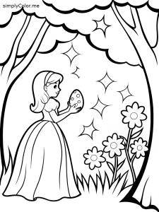 A princess finding an Easter egg hidden in a magical forest with tiny glowing stars coloring page