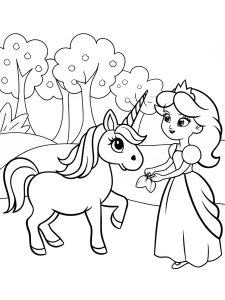 A princess helping a baby unicorn take its first steps coloring page