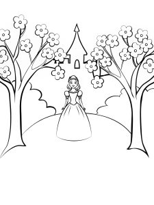 A princess in a castle surrounded by blooming cherry blossoms coloring page