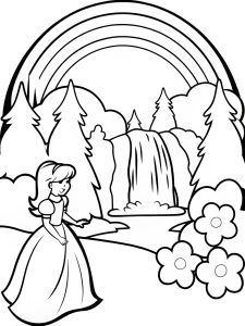 A princess in a hidden valley with waterfalls and rainbows coloring page