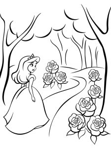 A princess in a secret garden filled with golden roses coloring page