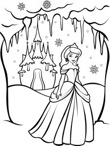 A princess in a snow-covered kingdom with an ice castle coloring page