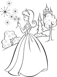 A princess making a wish on a magical dandelion coloring page